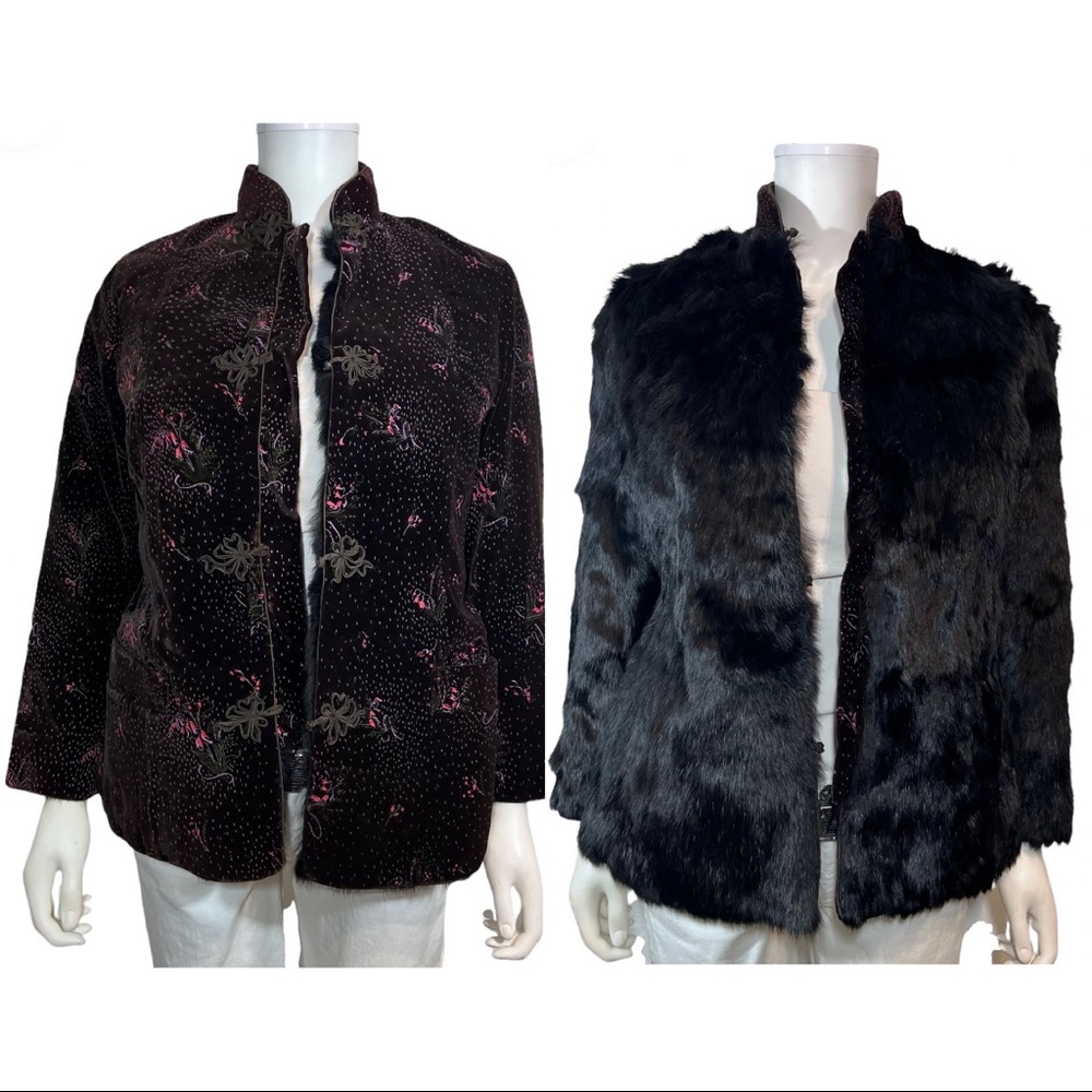 Vintage Reversible Rabbit Fur Hand-Painted Velvet Chinese Cheongsam Jacket Coat